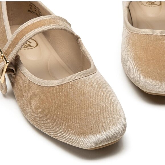 Trary Women's Nude Velvet Square Toe Buckle Strap Ballet Mary Jane Shoes - Picture 2 of 6